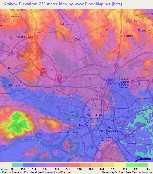 Krakow,Poland Elevation Map