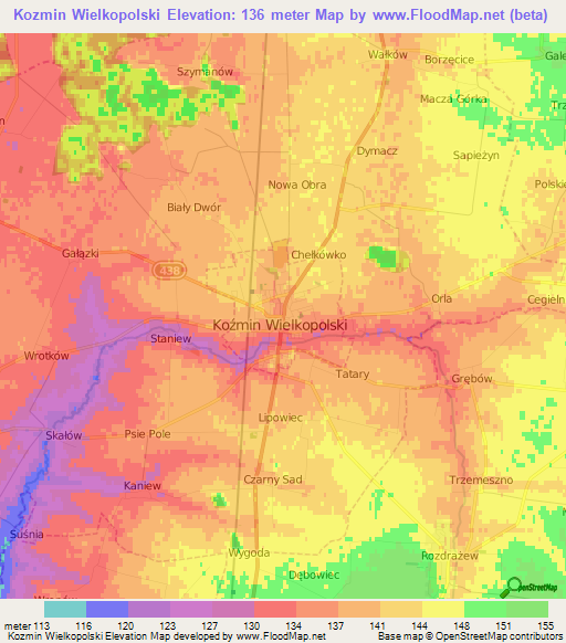 Kozmin Wielkopolski,Poland Elevation Map