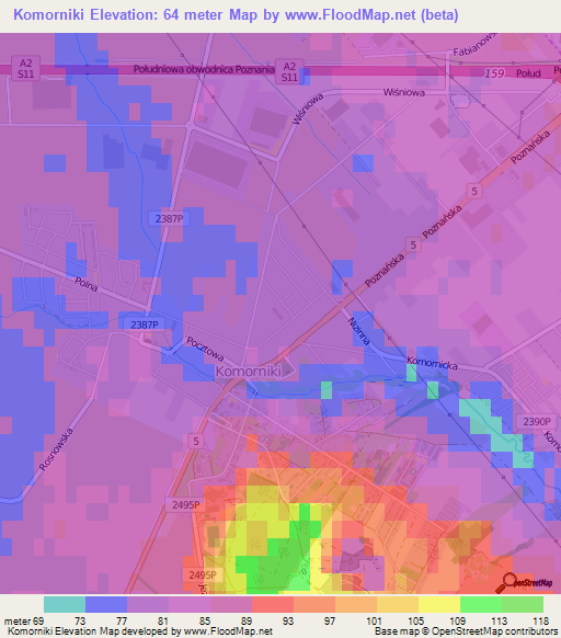 Komorniki,Poland Elevation Map