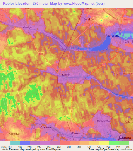 Kobior,Poland Elevation Map