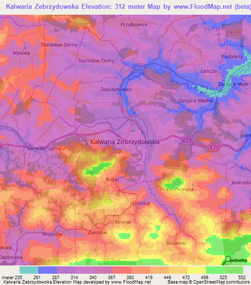 Kalwaria Zebrzydowska,Poland Elevation Map