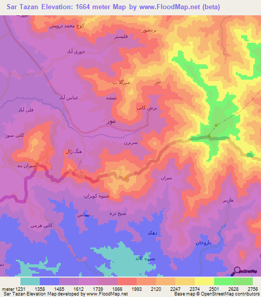 Sar Tazan,Iran Elevation Map
