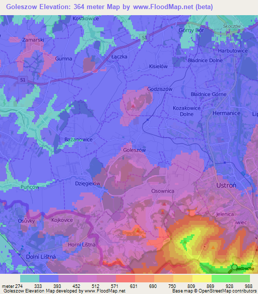 Goleszow,Poland Elevation Map