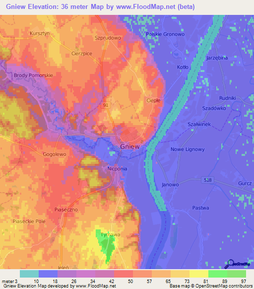 Gniew,Poland Elevation Map