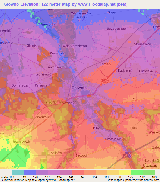 Glowno,Poland Elevation Map