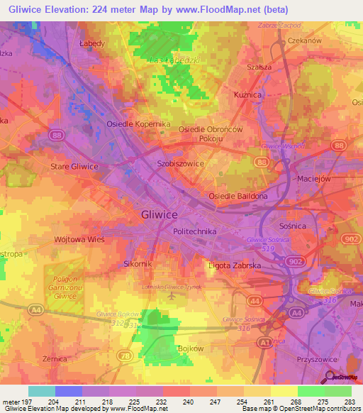 Gliwice,Poland Elevation Map