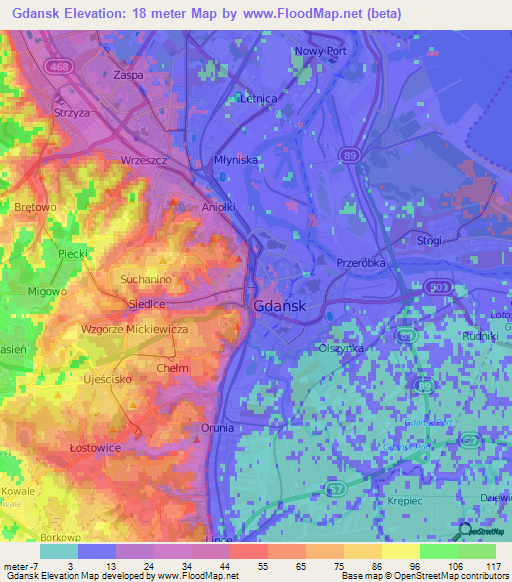 Gdansk,Poland Elevation Map