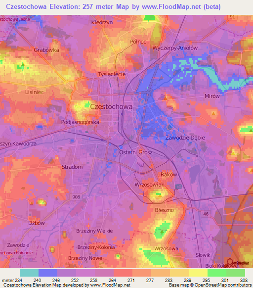 Czestochowa,Poland Elevation Map