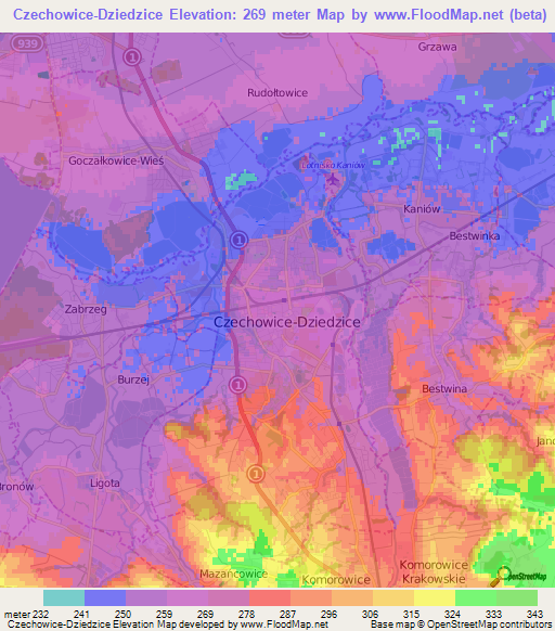 Czechowice-Dziedzice,Poland Elevation Map