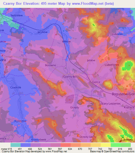 Czarny Bor,Poland Elevation Map