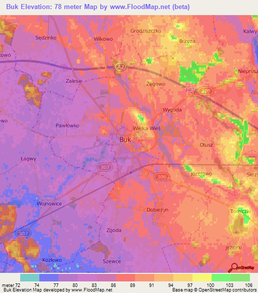 Buk,Poland Elevation Map