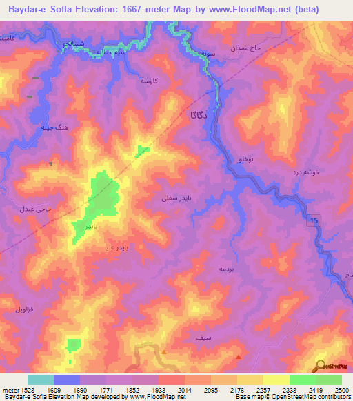 Baydar-e Sofla,Iran Elevation Map