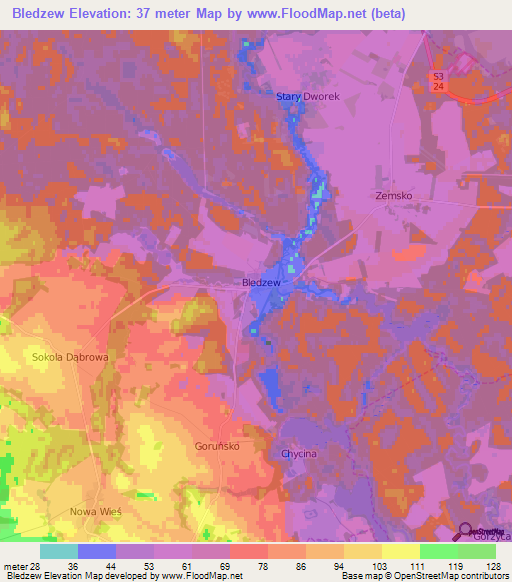 Bledzew,Poland Elevation Map
