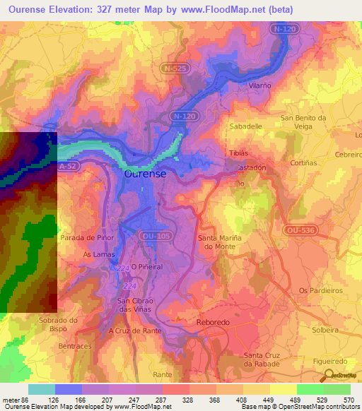 Ourense,Spain Elevation Map