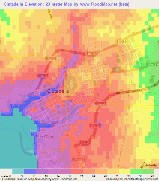 Ciutadella,Spain Elevation Map