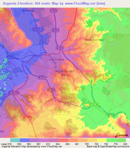 Arganda,Spain Elevation Map