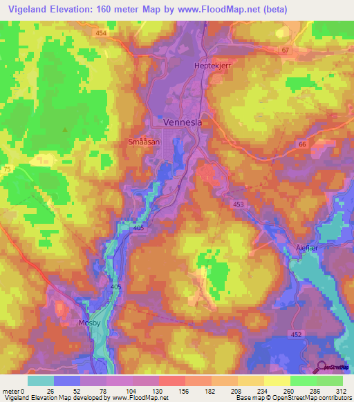 Vigeland,Norway Elevation Map