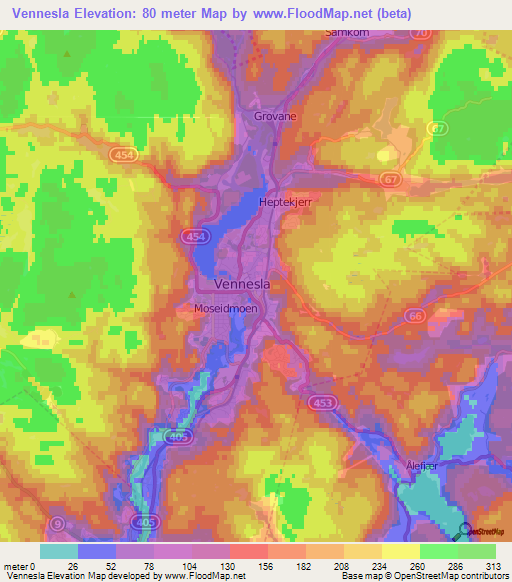 Vennesla,Norway Elevation Map