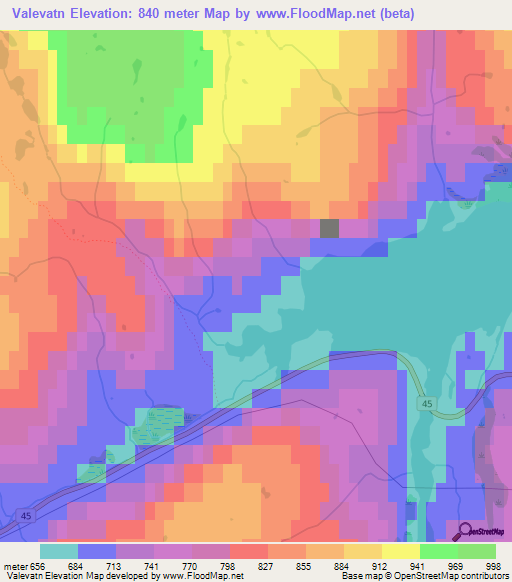 Valevatn,Norway Elevation Map