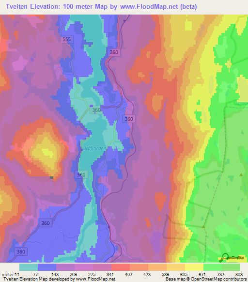 Tveiten,Norway Elevation Map