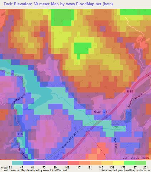 Tveit,Norway Elevation Map