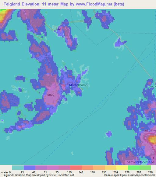 Teigland,Norway Elevation Map