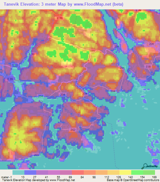 Tanevik,Norway Elevation Map