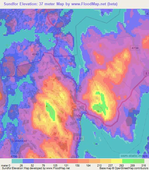 Sundfor,Norway Elevation Map