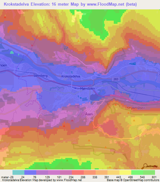 Krokstadelva,Norway Elevation Map