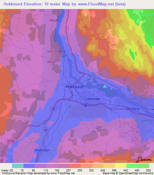 Hokksund,Norway Elevation Map