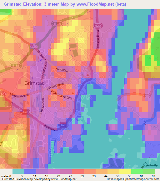 Grimstad,Norway Elevation Map