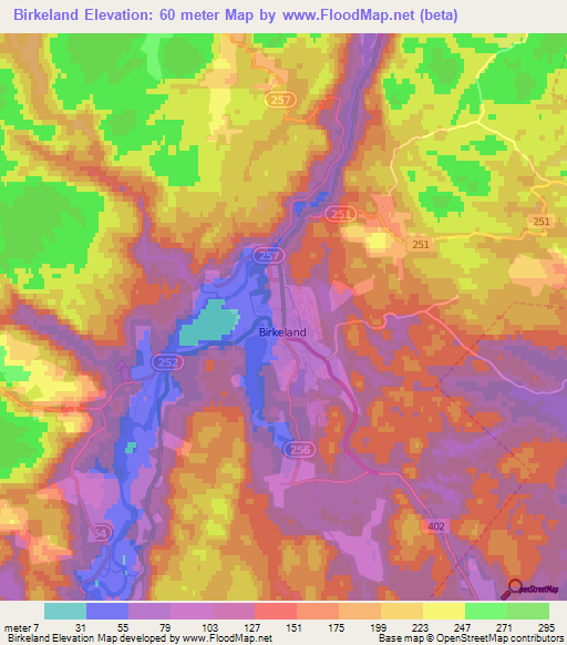 Birkeland,Norway Elevation Map