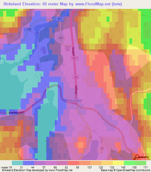 Birkeland,Norway Elevation Map