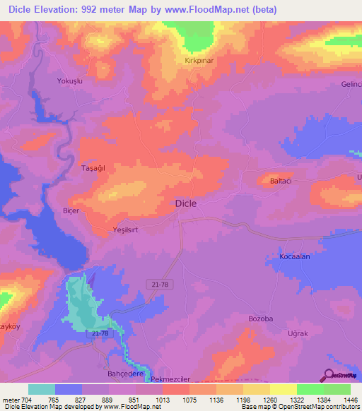 Dicle,Turkey Elevation Map