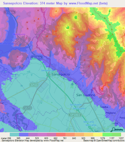 Sansepolcro,Italy Elevation Map