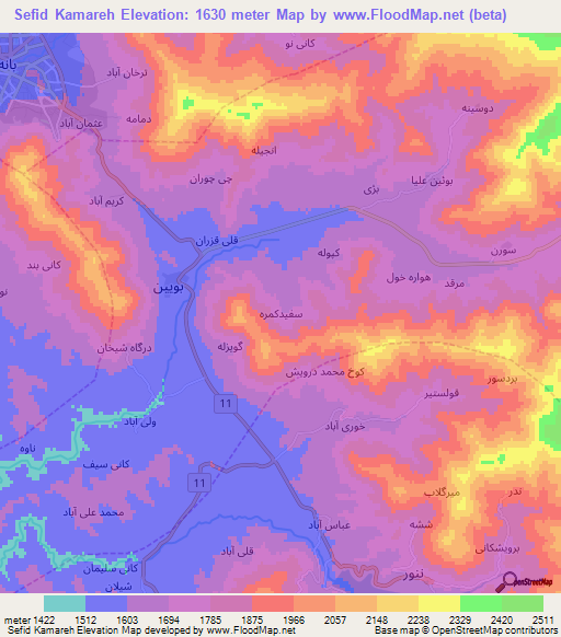 Sefid Kamareh,Iran Elevation Map