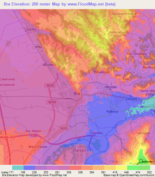 Bra,Italy Elevation Map