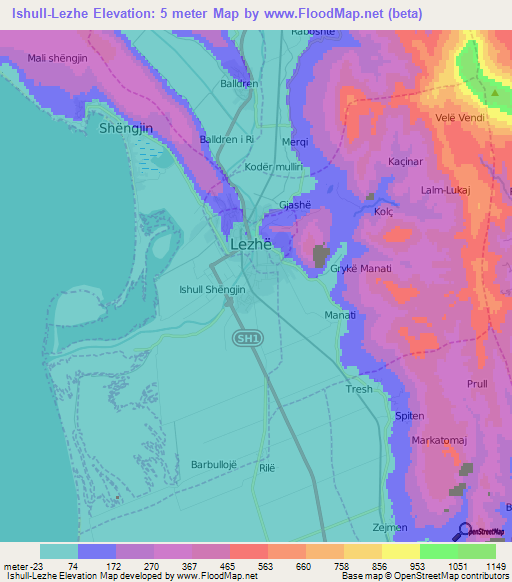 Ishull-Lezhe,Albania Elevation Map
