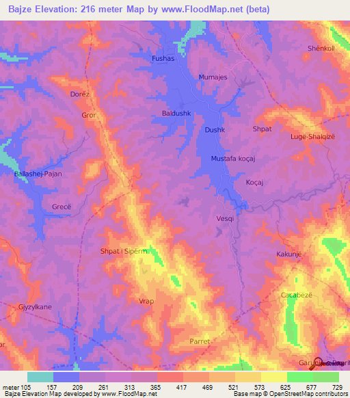 Bajze,Albania Elevation Map