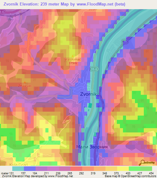 Zvornik,Bosnia and Herzegovina Elevation Map