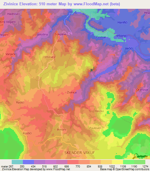 Zivinice,Bosnia and Herzegovina Elevation Map