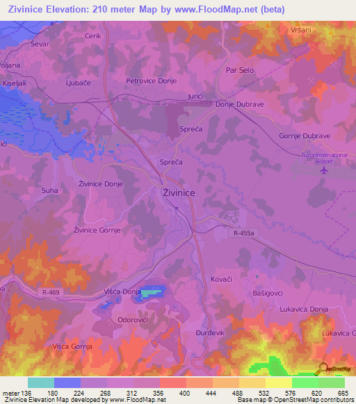 Zivinice,Bosnia and Herzegovina Elevation Map