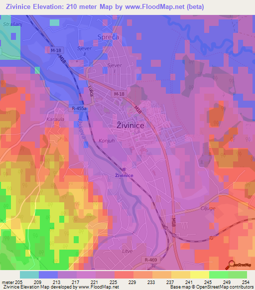 Zivinice,Bosnia and Herzegovina Elevation Map