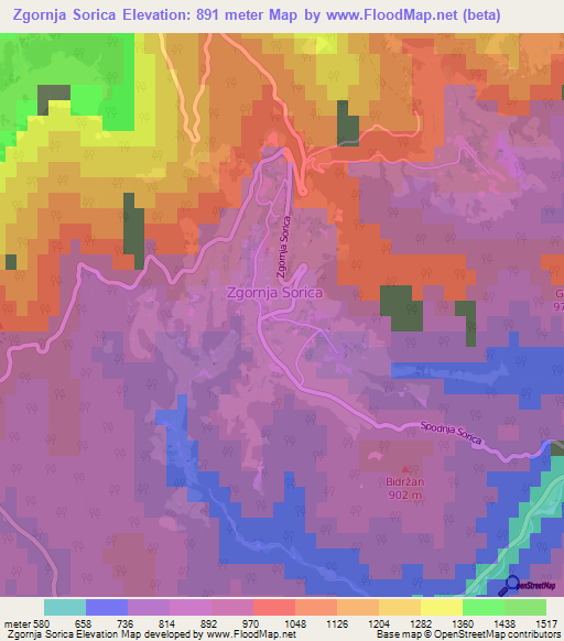 Zgornja Sorica,Slovenia Elevation Map