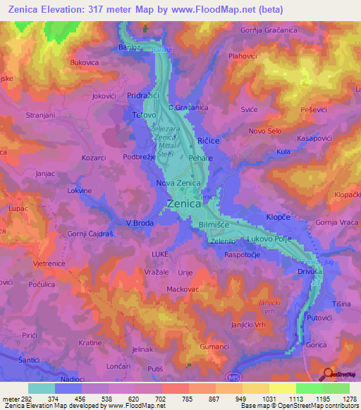 Zenica,Bosnia and Herzegovina Elevation Map