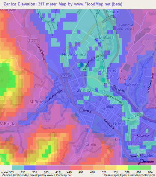 Zenica,Bosnia and Herzegovina Elevation Map