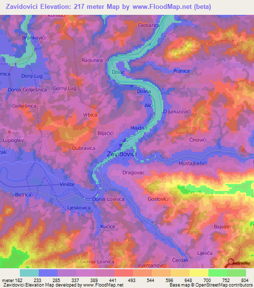 Zavidovici,Bosnia and Herzegovina Elevation Map
