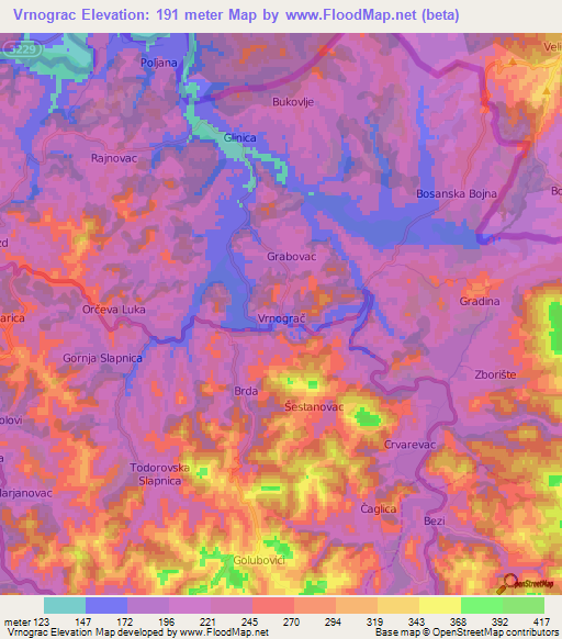 Vrnograc,Bosnia and Herzegovina Elevation Map