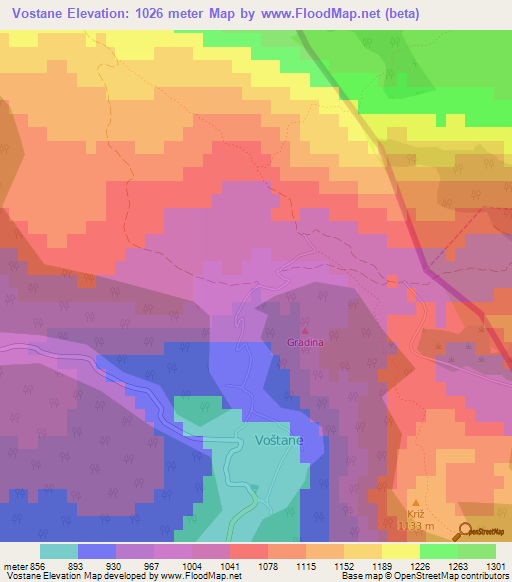 Vostane,Croatia Elevation Map