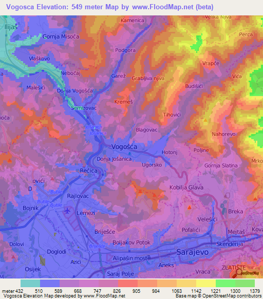 Vogosca,Bosnia and Herzegovina Elevation Map